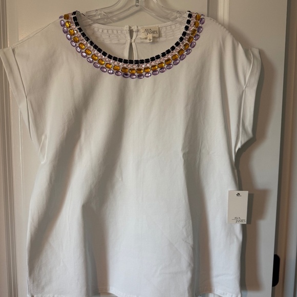 Ava James Tops - Ava James Beaded Round Neck White Short Sleeve Shirt, NWT, Sz: Large